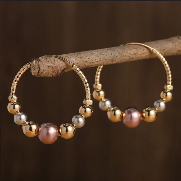 Gold and Pink Beaded Hoop N831 - Picture 1 of 4